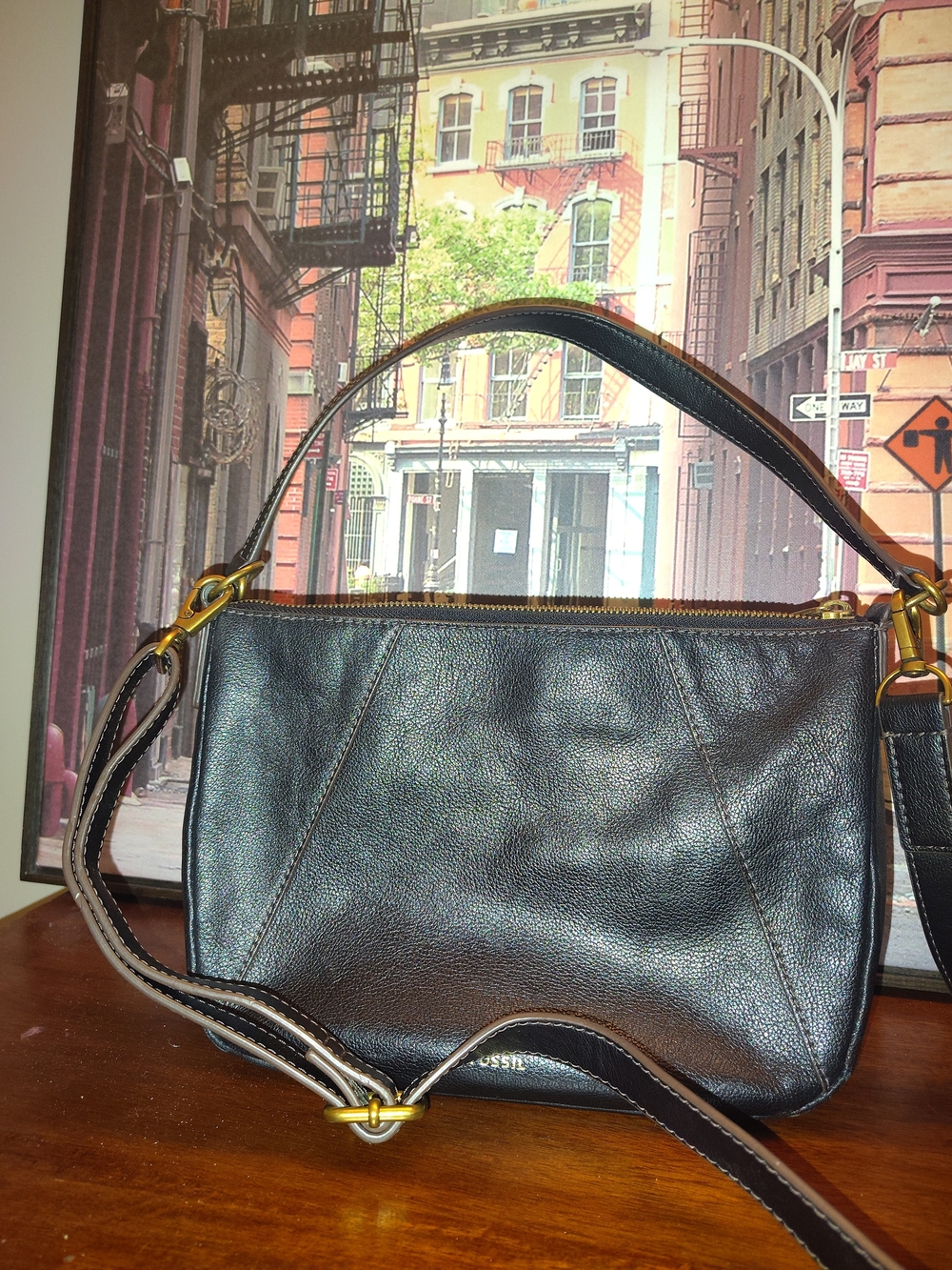 Fossil Black Convertible Shoulder Bag with Gold Hardware